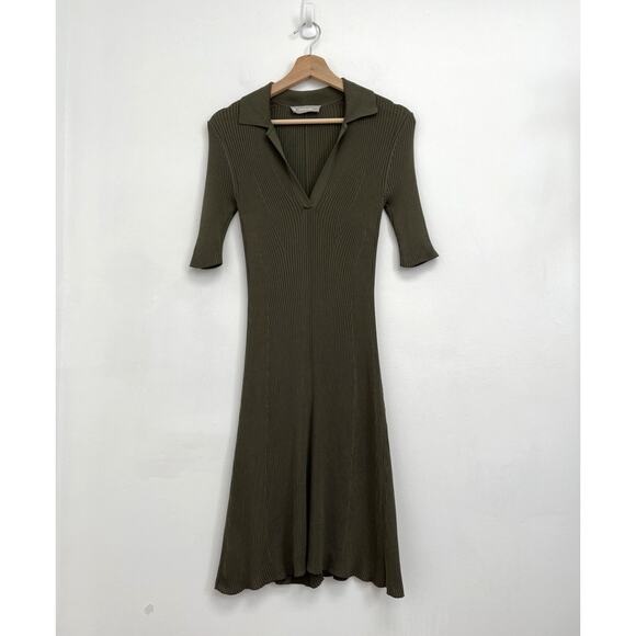 Everlane The Knit Polo Dress Collared Ribbed Short-Sleeve Midi Olive - Small - Picture 2 of 13